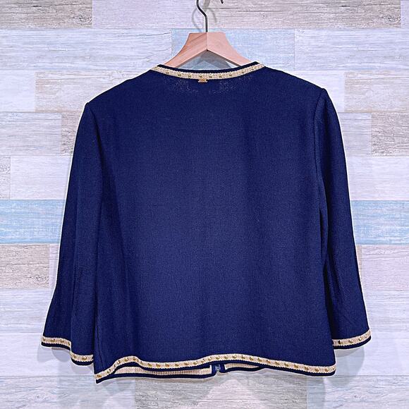 ST JOHN Tweed Lady Jacket Blue Gold Studded Trim Full Zip Wool Blend Womens 10 - Picture 6 of 9